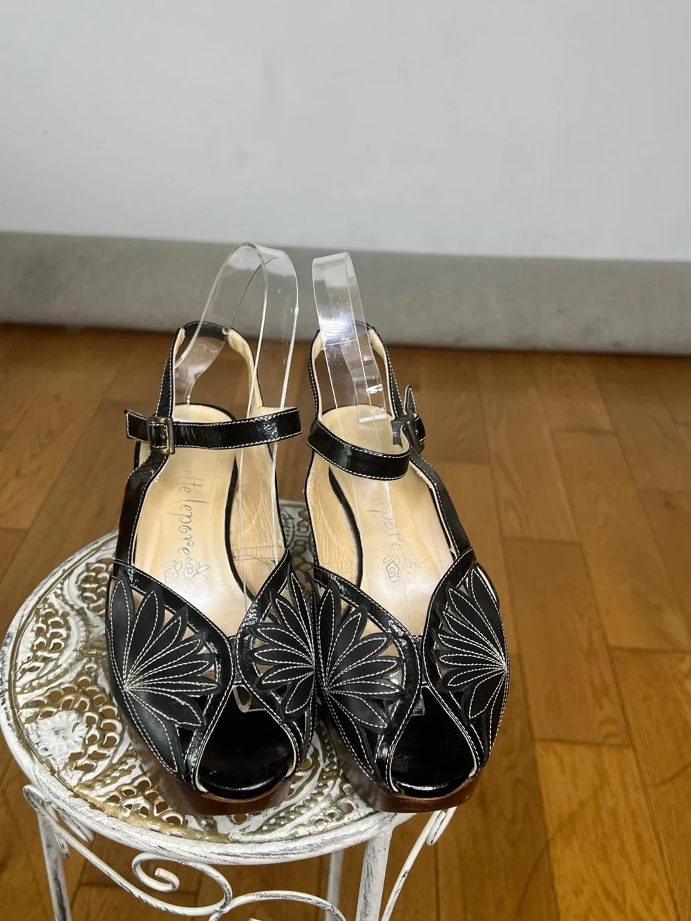Nanette Lepore Black Leather Floral Cutout Wedge Sandals